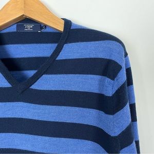J. Crew Men’s 100%‎ Merino V-Neck Sweater Navy & Royal Blue Stripes XL